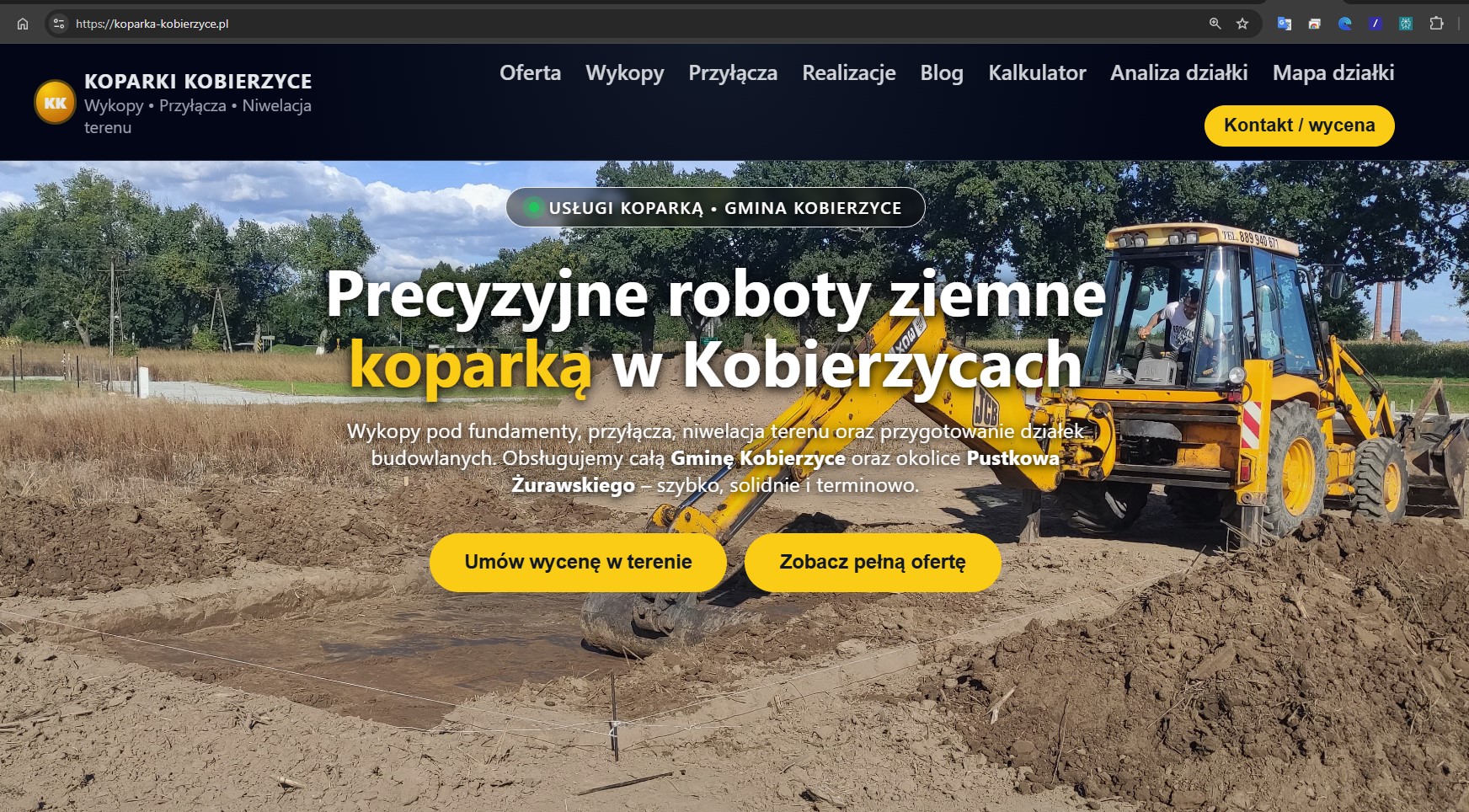 Screenshot: Koparka Kobierzyce — Strona firmowa z AI